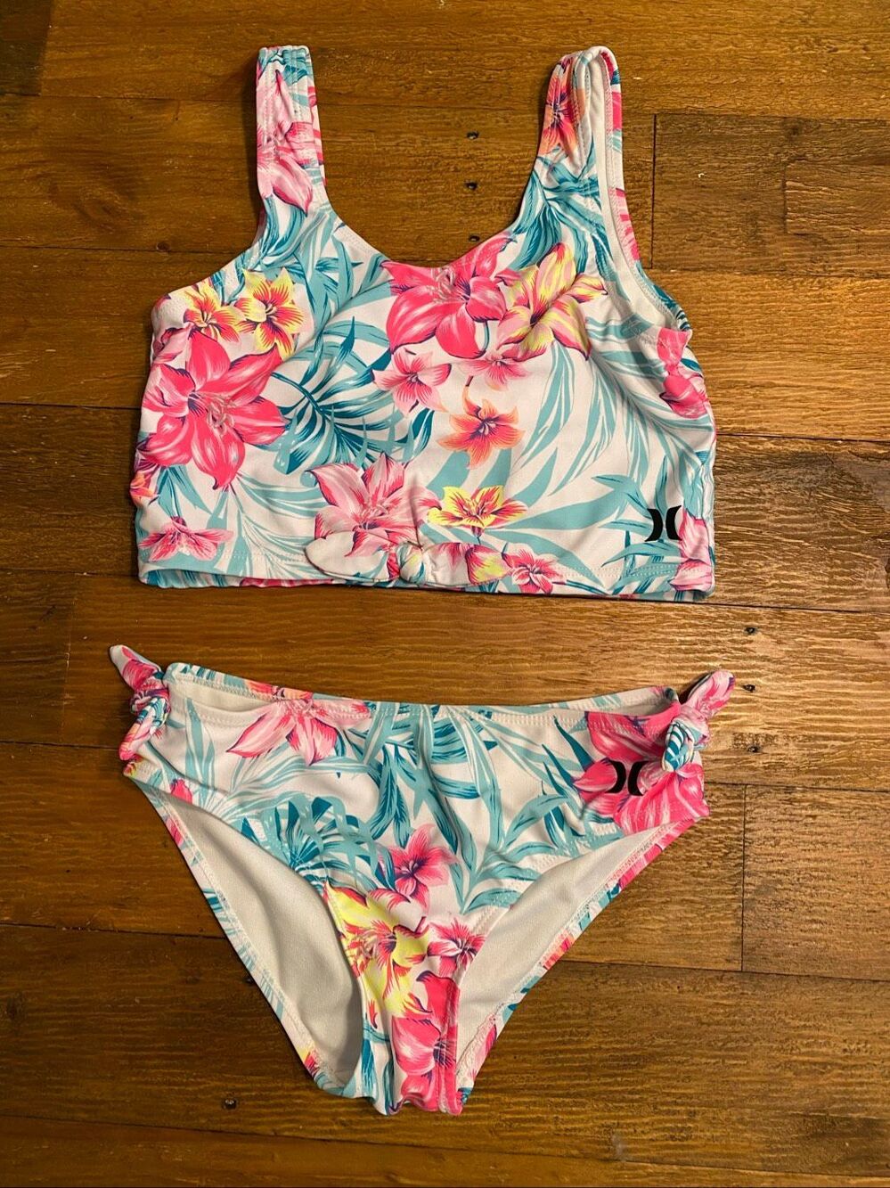 Hurley Medium 8/10 girls bikini set swimwear blue pink tropical floral